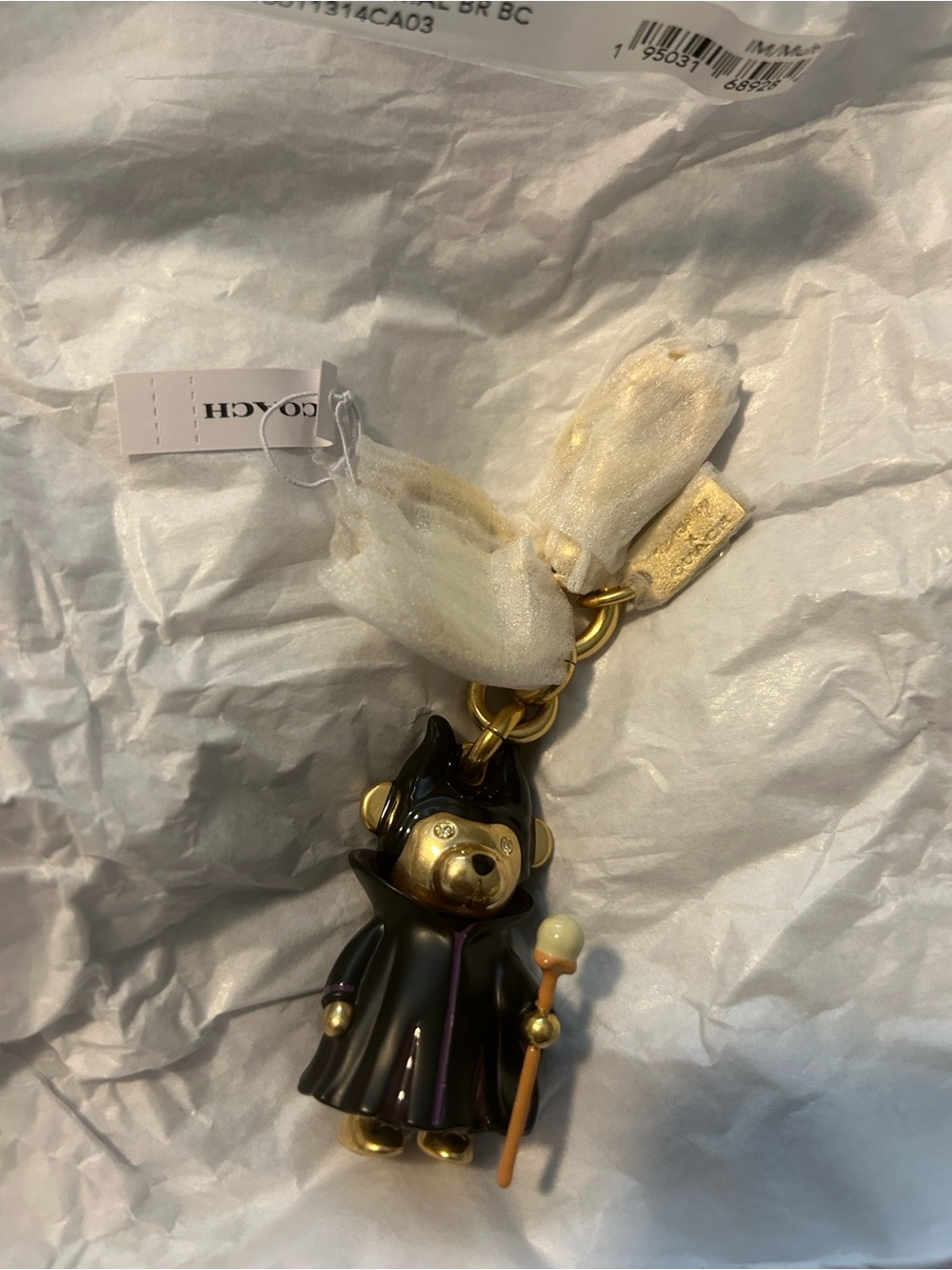 COACH Milefecent Black & Gold Teddy Bear Charm with Purple Trim